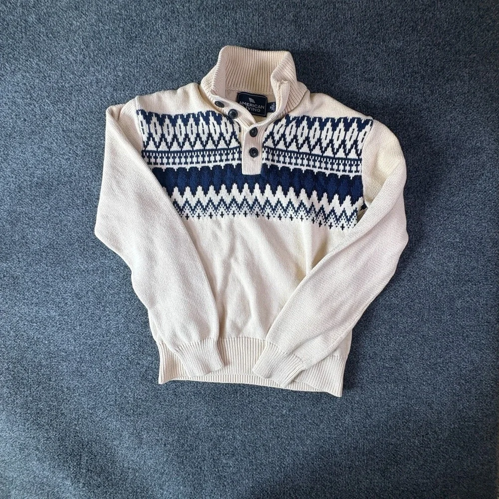 VTG American Living By Ralph Lauren Sweater Mens M Beige Blue Knitted 1/4 Button